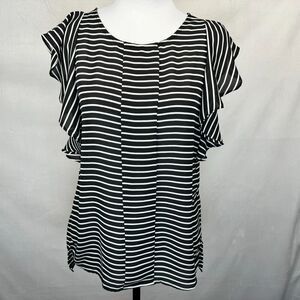 Elle Top Sz XS Flutter Sleeve Black White Stripes Round Neck Keyhole Side Slits